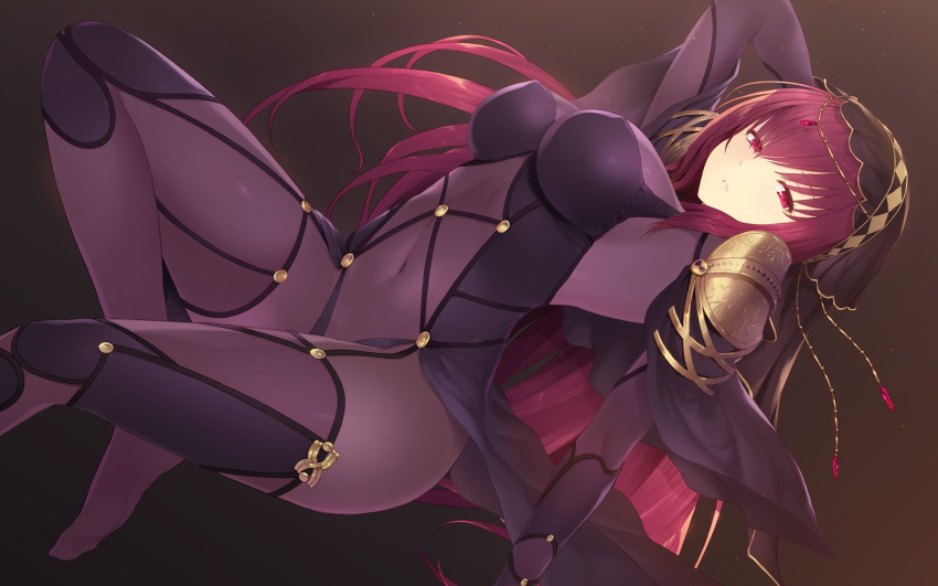 1girl arm_up armor bangs bodysuit breasts brown_background cait capelet circlet covered_navel fate/grand_order fate_(series) gradient gradient_background highres hips jewelry knee_up large_breasts legs long_hair pauldrons purple_bodysuit purple_hair red_eyes scathach_(fate/grand_order) shoulder_armor solo thighs veil