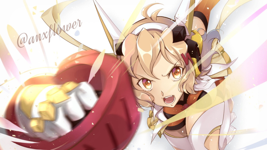 1girl ahoge blonde_hair blurry_foreground bodysuit brown_hair clenched_hand determined foreshortening gauntlets gloves hair_ornament hairclip headphones highres leaning_forward looking_at_viewer open_mouth orange_eyes senki_zesshou_symphogear short_hair solo tachibana_hibiki_(symphogear) twitter_username