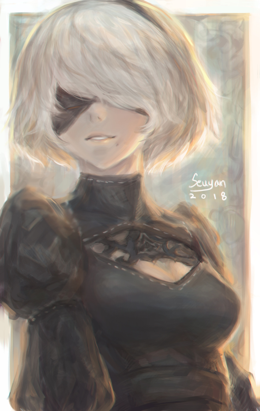 1girl 2018 absurdres artist_name back_cutout black_dress black_hairband blindfold cleavage_cutout commentary covered_eyes dress facing_viewer feather-trimmed_sleeves hairband highres juliet_sleeves leotard long_sleeves mole mole_under_mouth nier_(series) nier_automata pink_lips puffy_sleeves ribbed_dress seuyan short_hair silver_hair solo vambraces yorha_no._2_type_b