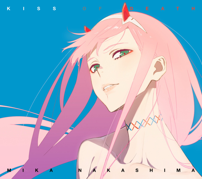 1girl artist_name_(singer) artist_request black_text blue_background choker darling_in_the_franxx english eyeshadow flowing_hair green_eyes grey_text hair head_tilt headband headshot highres horns long_hair looking_at_viewer makeup nude official_art pink_hair red_eyeshadow red_text text white_text zero_two_(darling_in_the_franxx)