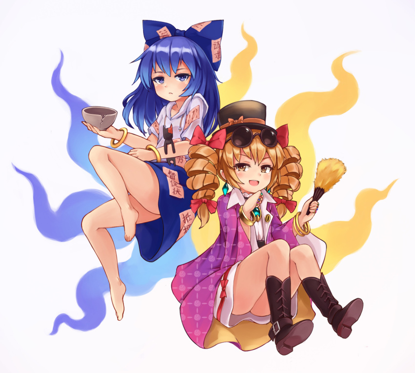 2girls aura bangle barefoot black_hat blue_bow blue_eyes blue_hair blue_skirt boots bow bowl bracelet broken brown_eyes brown_footwear brown_hair bushi_(1622035441) debt drawstring drill_hair earrings eyewear_on_head fan full_body hair_bow hair_ribbon hands_up hat hat_bow highres holding hood hoodie jacket jewelry knees_up long_hair looking_at_viewer miniskirt multiple_girls necklace pink_jacket red_ribbon ribbon ring shiny shiny_hair siblings simple_background sisters skirt smile stuffed_animal stuffed_cat stuffed_toy sunglasses touhou twin_drills yorigami_jo'on yorigami_shion