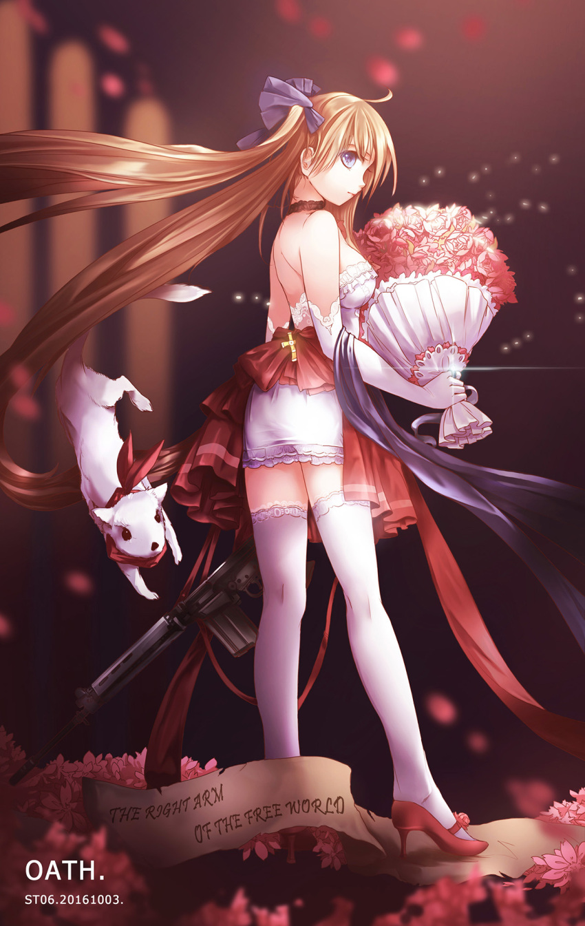 1girl ahoge animal artist_name bangs bare_back bare_shoulders battle_rifle blonde_hair blue_eyes bouquet bow bride commentary_request dated dress elbow_gloves fal_(girls_frontline) flower fn_fal full_body girls_frontline gloves gun hair_bow high_heels highres jewelry lace_choker lace_trim long_hair petals red_flower red_footwear rifle ring scarf shadow shoe_flower side_ponytail sidelocks solo st06 standing strapless strapless_dress thigh-highs very_long_hair weapon wedding_band wedding_dress white_dress white_gloves white_legwear zettai_ryouiki