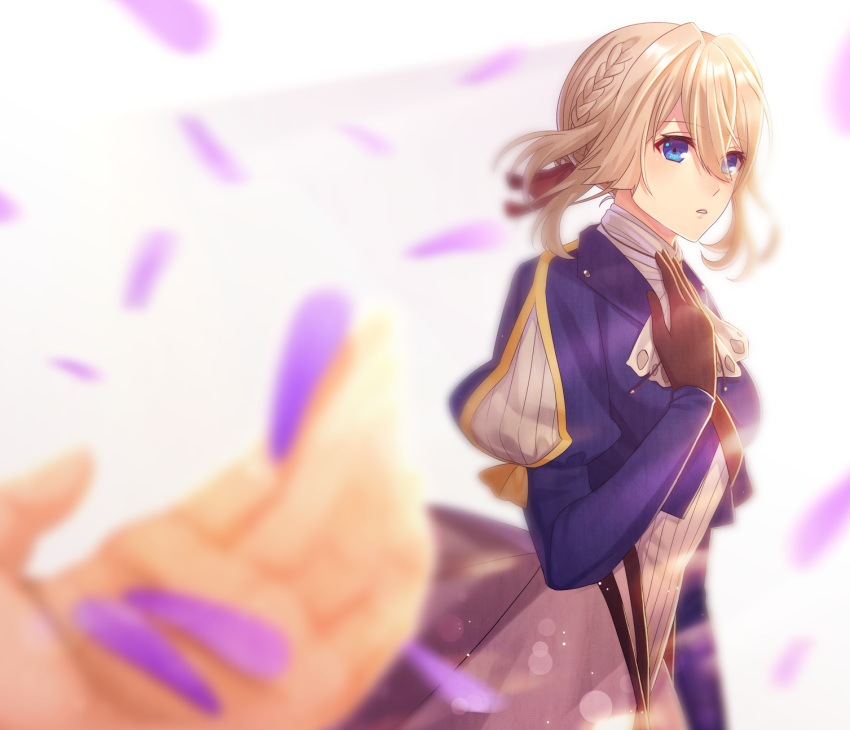 1girl bangs blonde_hair blue_eyes blue_jacket braid dress eyebrows_visible_through_hair gloves hair_between_eyes hair_intakes hair_ribbon highres jacket jewelry long_sleeves outstretched_hand ribbon skirt solo violet_evergarden violet_evergarden_(character)