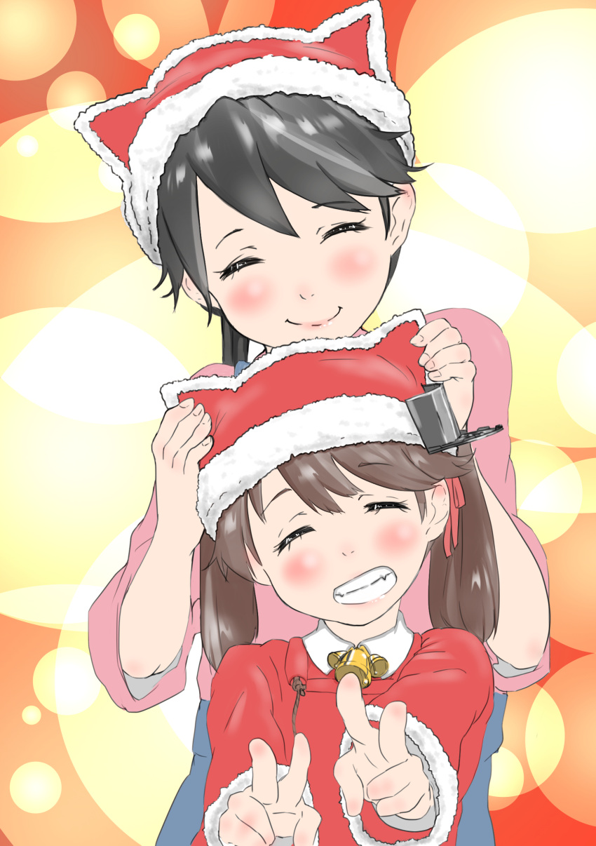 2girls absurdres bell black_hair blush brown_hair closed_eyes closed_mouth double_v gloves hat highres houshou_(kantai_collection) japanese_clothes kantai_collection long_hair multicolored multicolored_background multiple_girls ponytail ryuujou_(kantai_collection) santa_costume santa_hat smile tama_(seiga46239239) twintails v white_gloves