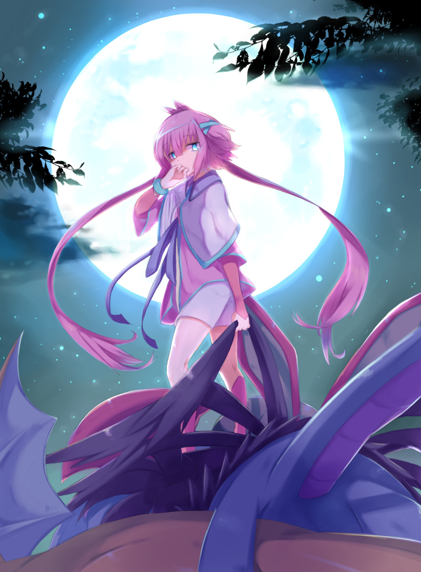 1girl bangs blue_eyes character_request eyebrows_visible_through_hair fuwasn1545 hair_ornament highres long_hair looking_at_viewer moon night personification pink_hair pokemon short_hair_with_long_locks solo star wiping_face