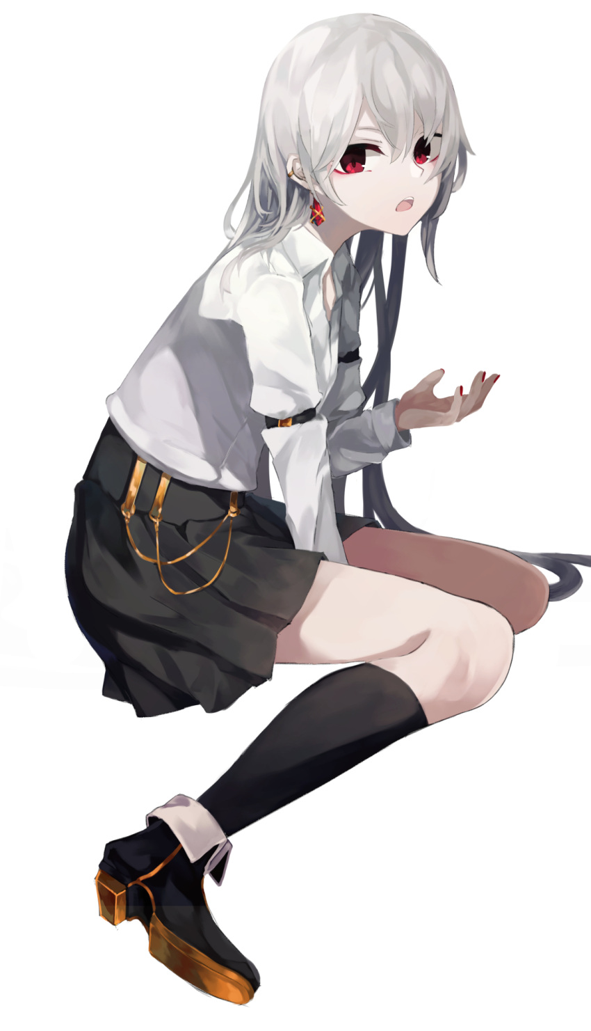 1girl :o ankle_boots arm_strap bangs between_legs black_footwear black_legwear black_skirt boots collared_shirt ear_piercing earrings eyeshadow full_body hand_between_legs highres jewelry kneehighs knees_together_feet_apart leaning_forward long_hair long_sleeves looking_at_viewer looking_to_the_side makeup medium_skirt nail_polish ogami_ren open_mouth original piercing red_eyes red_nails shirt simple_background sitting skirt solo very_long_hair wariza white_background white_shirt wing_collar