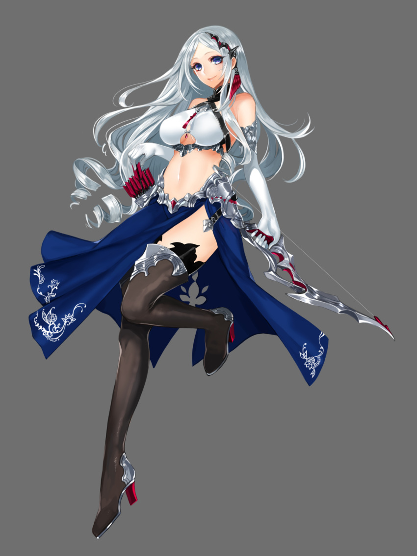 1girl apt arrow bare_shoulders boots bow_(weapon) breasts drill_hair full_body gloves grey_background grey_hair gyakushuu_no_fantasica high_heel_boots high_heels highres large_breasts long_hair midriff navel official_art quiver simple_background solo thigh-highs thigh_boots violet_eyes weapon