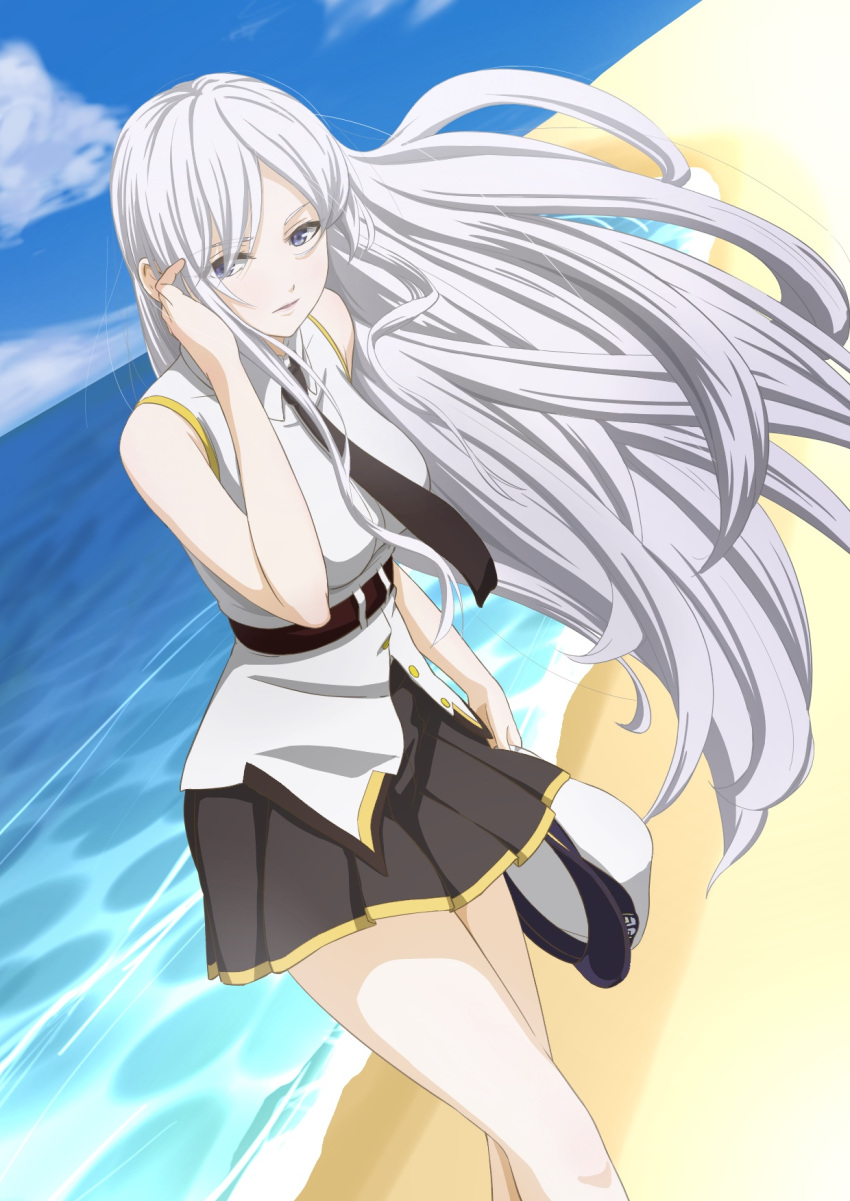 1girl azur_lane bangs beach blue_sky breasts clouds cloudy_sky commentary_request day dutch_angle enterprise_(azur_lane) eyebrows_visible_through_hair hat highres horizon large_breasts long_hair looking_at_viewer minechin miniskirt necktie outdoors peaked_cap pleated_skirt sand seaside shirt silver_hair skirt sky sleeveless solo very_long_hair violet_eyes wading water waves