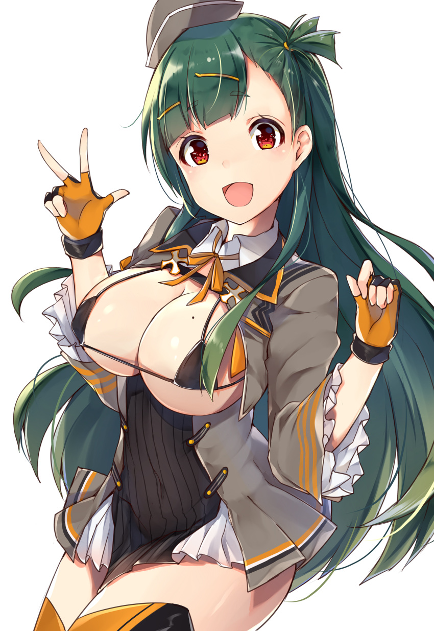 1girl :d absurdres bikini_top black_bikini_top breasts cleavage covered_navel cowboy_shot erect_nipples fingerless_gloves frilled_sleeves frills g28_(girls_frontline) girls_frontline gloves green_hair grey_hat grey_jacket hair_ornament hairclip hands_up hat high-waist_skirt highres jacket large_breasts long_hair long_sleeves looking_at_viewer microskirt mini_hat mole mole_on_breast neck_ribbon one_side_up open_clothes open_jacket open_mouth orange_gloves orange_legwear orange_neckwear orange_ribbon red_eyes ribbon shiny shiny_hair skirt smile solo standing straight_hair tareme thigh-highs underbust very_long_hair w wide_sleeves zettai_ryouiki zhi_zhi/zu_zu