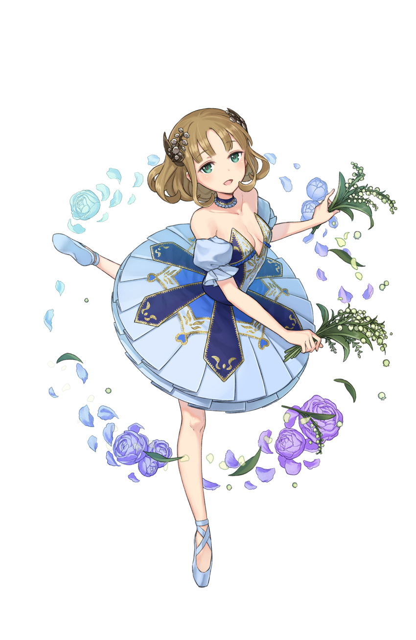 1girl :d ballet_slippers bare_shoulders blue_flowers blue_skirt brown_hair detached_sleeves flower full_body green_eyes hair_flower hair_ornament highres holding holding_flower lily_of_the_valley looking_at_viewer maria_florence official_art open_mouth princess_principal princess_principal_game_of_mission puffy_short_sleeves puffy_sleeves short_hair short_sleeves skirt smile solo standing standing_on_one_leg tiptoes