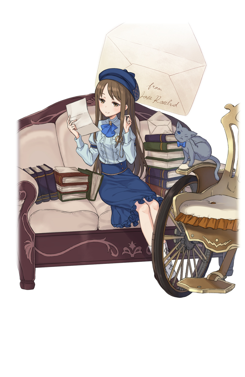 1girl black_cat blue_hat blue_skirt book_stack brown_eyes brown_hair cat couch full_body hat highres letter long_hair official_art on_couch princess_principal princess_principal_game_of_mission reading scratching_cheek shirley_collins sitting skirt very_long_hair watch wheelchair white_footwear