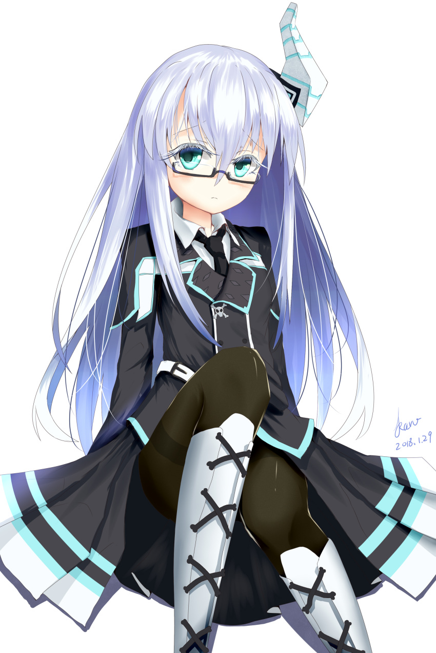 1girl absurdres aqua_eyes blue_hair boots dated glasses highres kami_jigen_game_neptune_v karv kiseijou_rei long_hair looking_at_viewer necktie neptune_(series) pantyhose signature simple_background sitting smile solo white_background