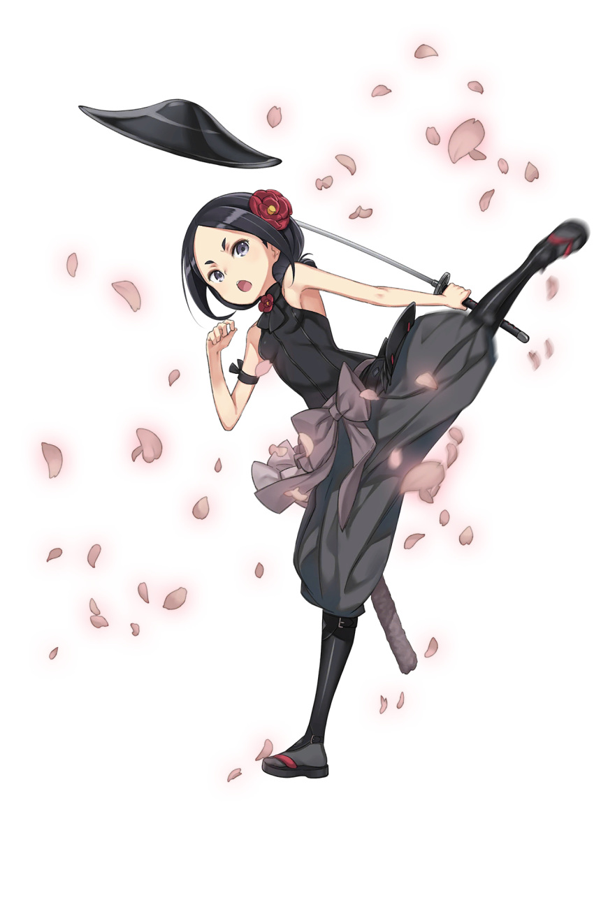 1girl :o armband bare_shoulders black_eyes black_hair black_hat black_legwear breasts flower full_body hair_flower hair_ornament hat hat_removed headwear_removed highres katana kicking looking_at_viewer official_art petals princess_principal princess_principal_game_of_mission sandals short_hair small_breasts standing standing_on_one_leg sword toudou_chise transparent_background weapon