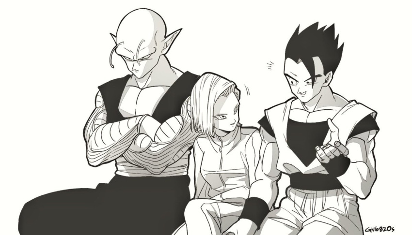 +++ 1girl 2boys android_18 artist_name bare_chest black_eyes black_hair commentary_request crossed_arms dougi dragon_ball dragon_ball_super dragonball_z frown greyscale looking_at_another looking_away monochrome multiple_boys open_mouth piccolo pointy_ears serious shaded_face short_hair simple_background sitting sleeveless smile son_gohan sportswear tama_azusa_hatsu twitter_username white_background wristband