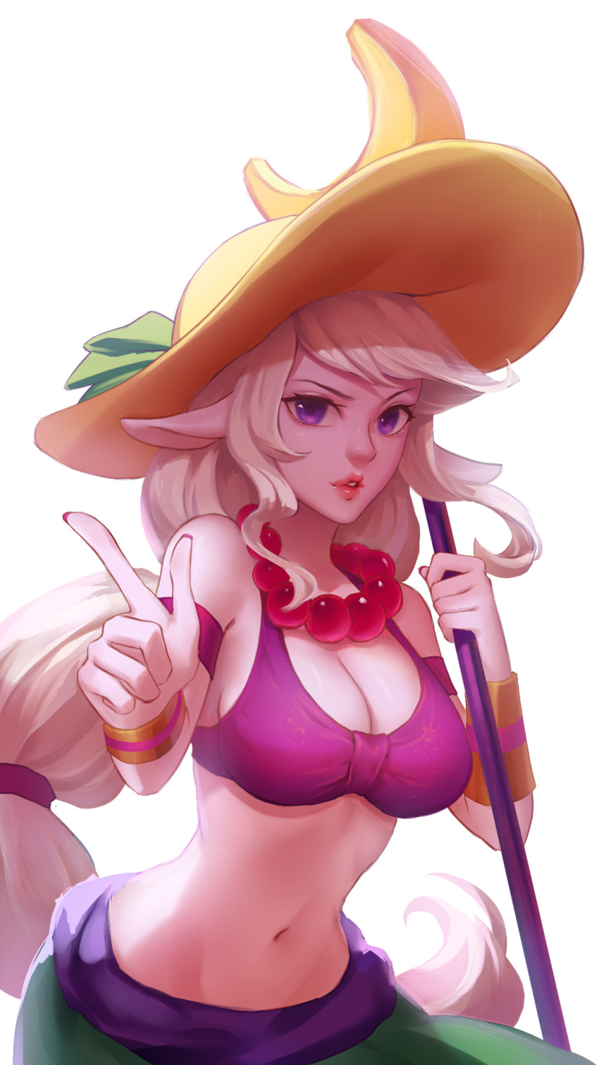 1girl alternate_costume armband banana bracelet breasts cleavage cowboy_shot food fruit hat highres jewelry kezi league_of_legends long_hair looking_at_viewer low-tied_long_hair medium_breasts midriff navel necklace order_of_the_banana_soraka parted_lips pointy_ears ponytail purple_skin solo soraka staff sun_hat very_long_hair violet_eyes white_hair