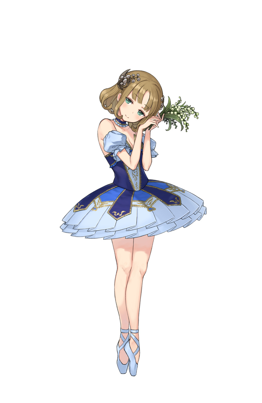 1girl bare_shoulders blue_skirt brown_hair detached_sleeves flower full_body green_eyes hair_flower hair_ornament hands_up head_tilt highres holding holding_flower lily_of_the_valley looking_at_viewer maria_florence official_art princess_principal princess_principal_game_of_mission puffy_short_sleeves puffy_sleeves short_hair short_sleeves skirt solo standing tiptoes