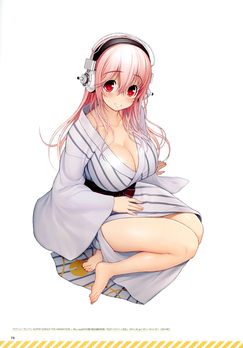 1girl absurdres arm_support bangs barefoot blush breasts cleavage collarbone eyebrows_visible_through_hair fingernails headphones highres japanese_clothes kimono large_breasts looking_at_viewer nitroplus page_number pink_hair red_eyes scan simple_background sitting smile solo striped super_sonico vertical_stripes white_background wide_sleeves yukata