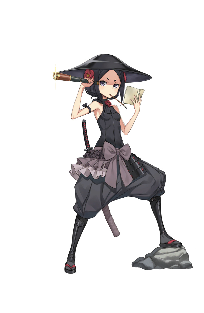 1girl bare_shoulders black_eyes black_hair black_hat black_legwear breasts flower full_body glint hair_flower hair_ornament hat highres katana looking_at_viewer mouth_hold official_art paintbrush princess_principal princess_principal_game_of_mission rock sandals sheath short_hair small_breasts spyglass standing sword toudou_chise transparent_background weapon