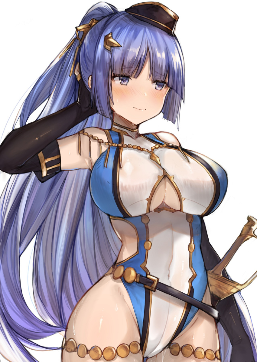 1girl bangs bare_shoulders belt black_gloves blue_eyes blue_hair blunt_bangs blush breasts elbow_gloves gloves hat highres large_breasts long_hair maimu_(shingeki_no_bahamut) ponytail ryuuji_teitoku sheath sheathed shingeki_no_bahamut sidelocks simple_background solo sword underboob_cutout weapon white_background