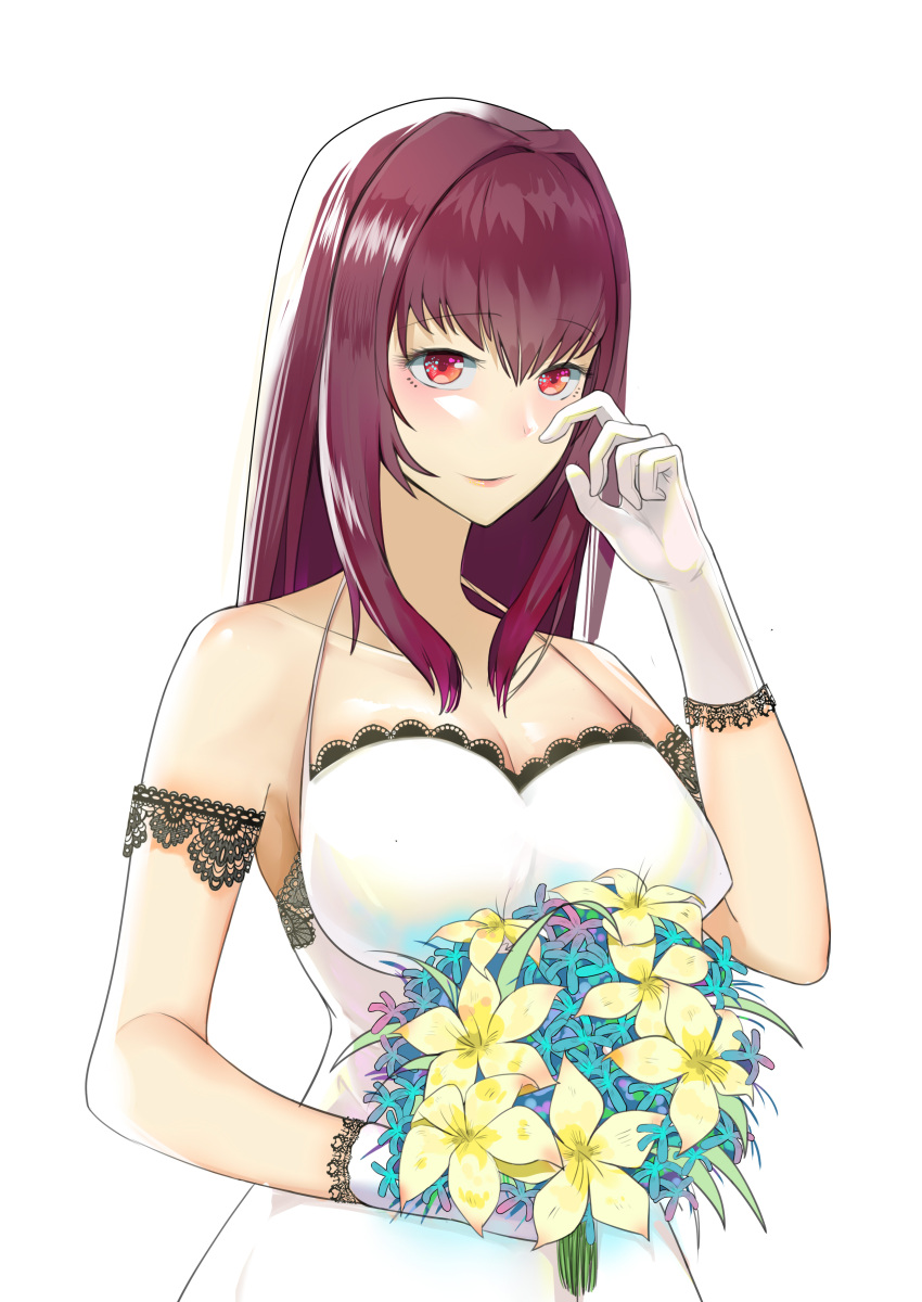 1girl absurdres blush bouquet breasts cleavage dress fate/grand_order fate_(series) finger_to_eye flower gloves highres large_breasts long_hair purple_hair red_eyes scathach_(fate/grand_order) shi_(user_ptm0299) solo white_dress white_gloves