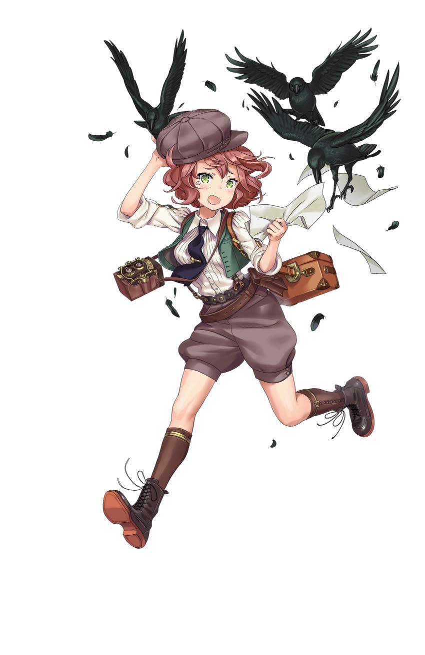 1girl :o belt belt_pouch bird black_footwear black_neckwear boots brown_hat brown_legwear camera cathy_higgins cross-laced_footwear crow feathers freckles full_body green_eyes green_vest hat highres holding holding_hat lace-up_boots looking_at_viewer medium_hair necktie official_art papers princess_principal princess_principal_game_of_mission redhead running shorts solo suspenders teardrop twin-lens_reflex_camera vest watch watch
