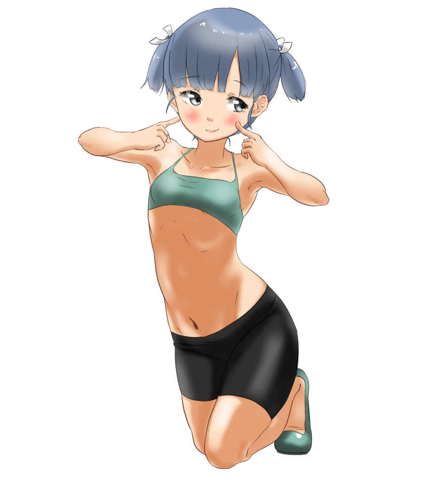 1girl bike_shorts blush breasts full_body grey_eyes grey_hair highres kantai_collection looking_at_viewer medium_hair navel ooshio_(kantai_collection) shoes shorts simple_background small_breasts solo sports_bra tama_(seiga46239239) twintails white_background