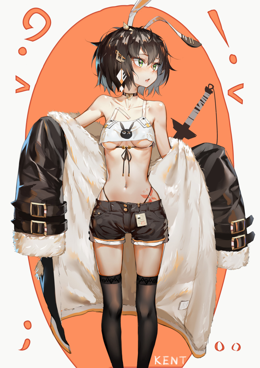 ! 1girl ? absurdres animal_ears animal_print bangs bare_shoulders belt_buckle black_coat black_legwear black_shorts blush breasts breasts_apart brown_hair buckle bunny_print choker coat collarbone commentary_request crop_top erect_nipples eyebrows_visible_through_hair fur-trimmed_coat fur_trim hair_ornament highleg highleg_panties highres id_card kentllaall looking_away navel_piercing off_shoulder open_mouth original oversized_clothes panties piercing rabbit_ears sheath sheathed short_hair shorts small_breasts solo standing strap_slip sword tattoo thigh-highs under_boob underwear weapon white_background