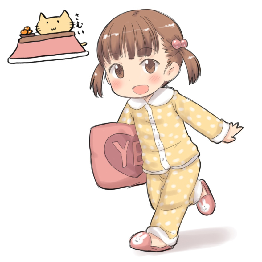 1girl :d aaaa bangs blush brown_eyes brown_hair cat eyebrows_visible_through_hair food fruit hair_bobbles hair_ornament highres kotatsu long_sleeves mandarin_orange open_mouth original outstretched_arm pants pink_footwear polka_dot polka_dot_pajamas polka_dot_pants polka_dot_shirt shirt short_hair short_twintails slippers smile solo standing standing_on_one_leg table twintails white_background yellow_pajamas yellow_pants yellow_shirt yes-no_pillow