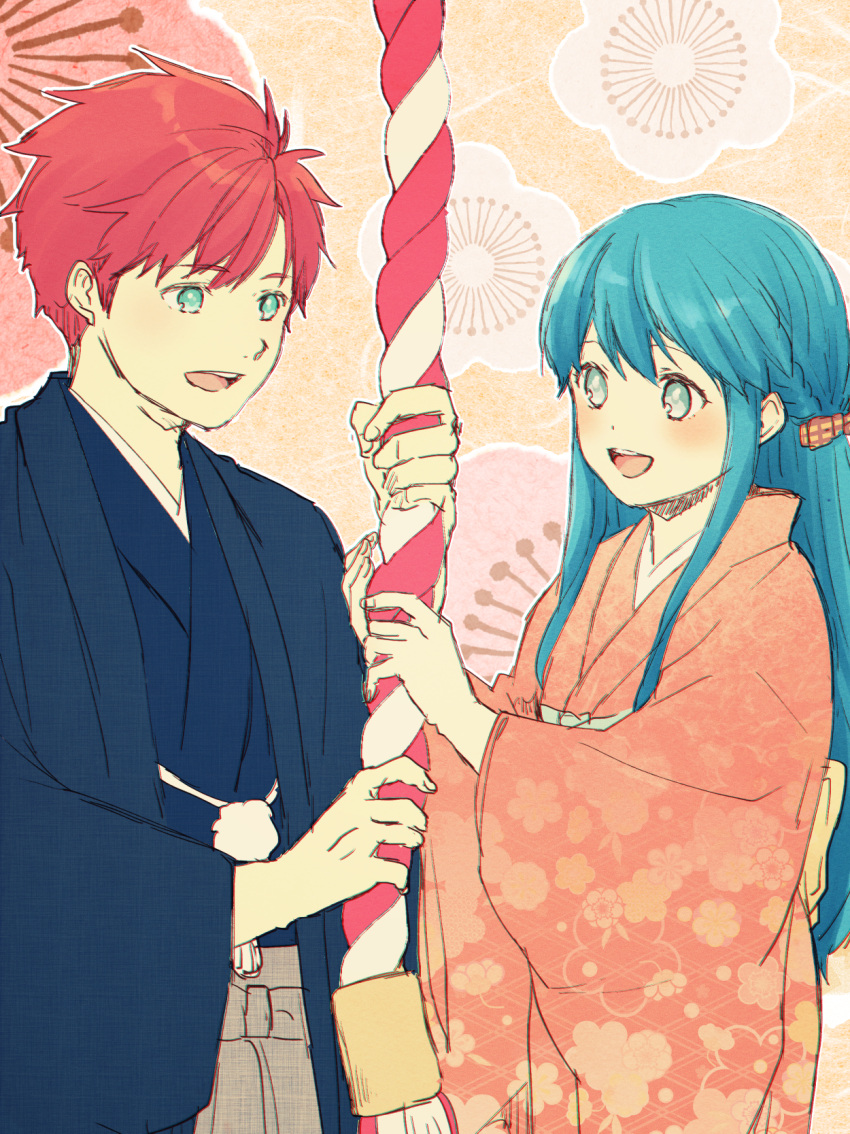 1boy 1girl blue_eyes blue_hair couple fire_emblem fire_emblem:_fuuin_no_tsurugi gloves hetero highres japanese_clothes kimono lilina long_hair nishimura_(nianiamu) redhead roy_(fire_emblem) short_hair smile