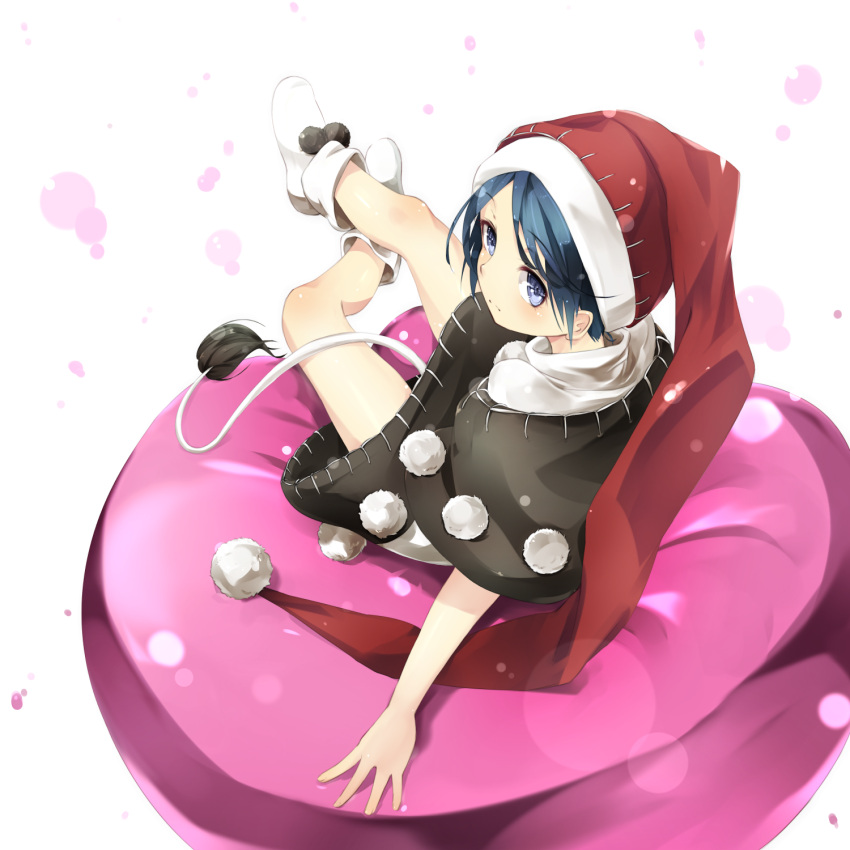 1girl bare_legs blue_eyes blue_hair capelet doremy_sweet dream_soul dress from_above from_behind full_body gorilla_(bun0615) hat highres looking_at_viewer looking_back nightcap pom_pom_(clothes) red_hat shoes short_hair simple_background sitting solo tail tapir_tail touhou turtleneck white_background white_footwear