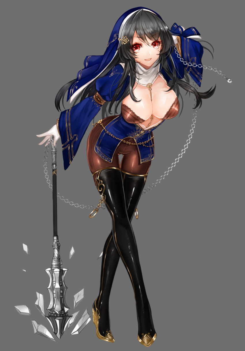 1girl apt black_hair boots breasts chains cleavage erect_nipples full_body gloves grey_background gyakushuu_no_fantasica highres large_breasts legs long_hair mace mole mole_under_eye official_art open_mouth red_eyes rock simple_background solo thigh_gap thighs veil weapon