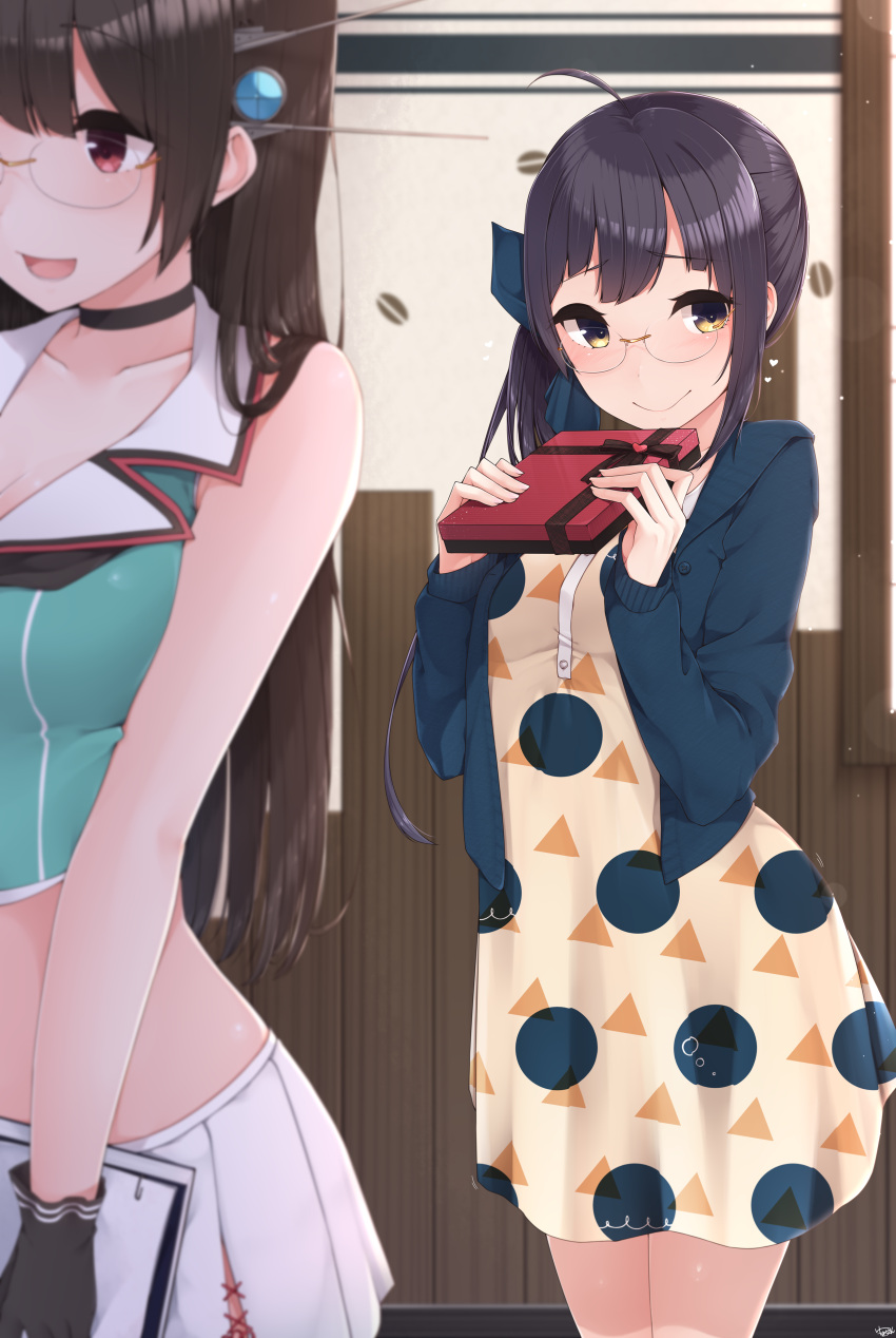 2girls absurdres ahoge alternate_costume beret bespectacled black_gloves black_hair blush box choukai_(kantai_collection) fujinami_(kantai_collection) gift gift_box glasses gloves hat headgear highres holding holding_gift kantai_collection long_hair long_sleeves multiple_girls pleated_skirt purple_hair red_eyes remodel_(kantai_collection) rimless_eyewear side_ponytail skirt smile white_skirt yellow_eyes yukichi_(sukiyaki39)