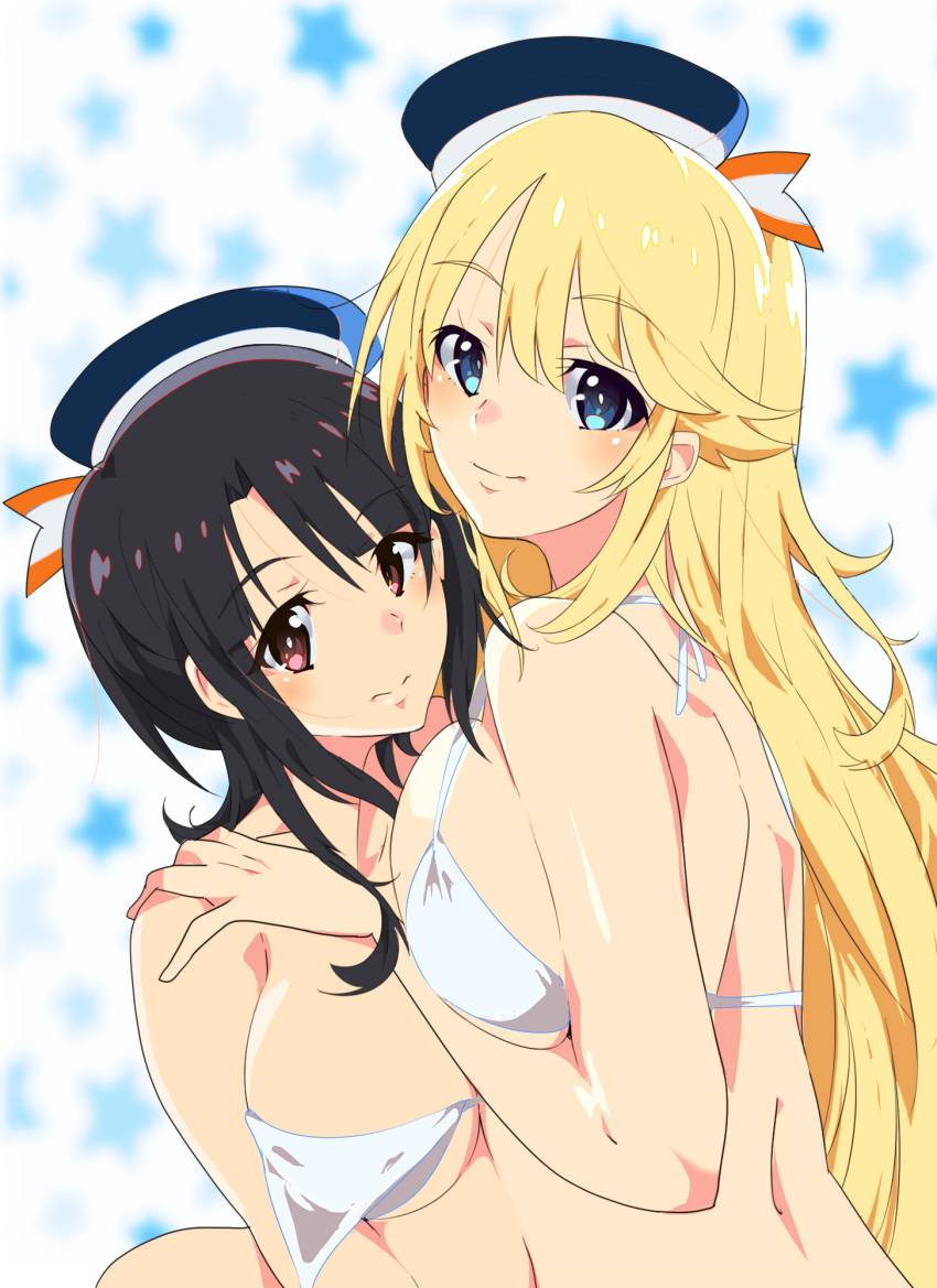 2girls atago_(kantai_collection) bikini bikini_top black_hair blonde_hair blue_eyes breasts highres kantai_collection large_breasts long_hair looking_at_viewer meriken0111 multiple_girls red_eyes short_hair star starry_background swimsuit takao_(kantai_collection) upper_body white_bikini white_bikini_top