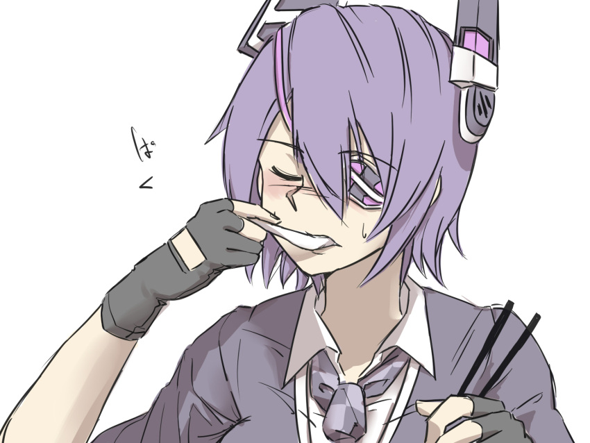 1girl black_gloves blush checkered_neckwear chopsticks closed_eyes eating eyepatch gloves headgear highres kantai_collection necktie partly_fingerless_gloves purple_hair school_uniform short_hair simple_background solo spoon spoon_in_mouth sweat tadd_(tatd) tenryuu_(kantai_collection) translation_request white_background