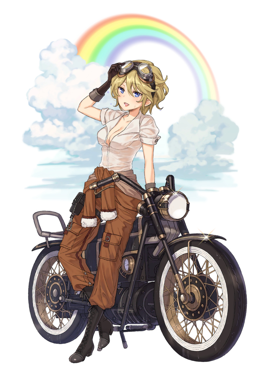 1girl :d black_footwear black_gloves blonde_hair blue_eyes boots breasts brown_pants cleavage clouds cross-laced_footwear full_body glint gloves goggles goggles_on_head ground_vehicle highres jane_mclean lace-up_boots looking_at_viewer medium_breasts motor_vehicle motorcycle official_art open_mouth pants pocket pouch princess_principal princess_principal_game_of_mission rainbow short_hair smile solo standing transparent_background