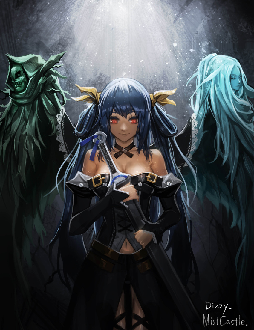 1girl absurdres artist_name bare_shoulders black_shirt black_skirt blue_hair breasts character_name cleavage closed_mouth detached_sleeves dizzy guilty_gear guilty_gear_xrd hair_ribbon highres holding holding_sword holding_weapon long_hair medium_breasts mistcastle navel necro_(guilty_gear) red_eyes ribbon sheath sheathed shirt skirt sleeves_past_wrists smile standing sword twintails undine_(guilty_gear) very_long_hair weapon wings yellow_ribbon