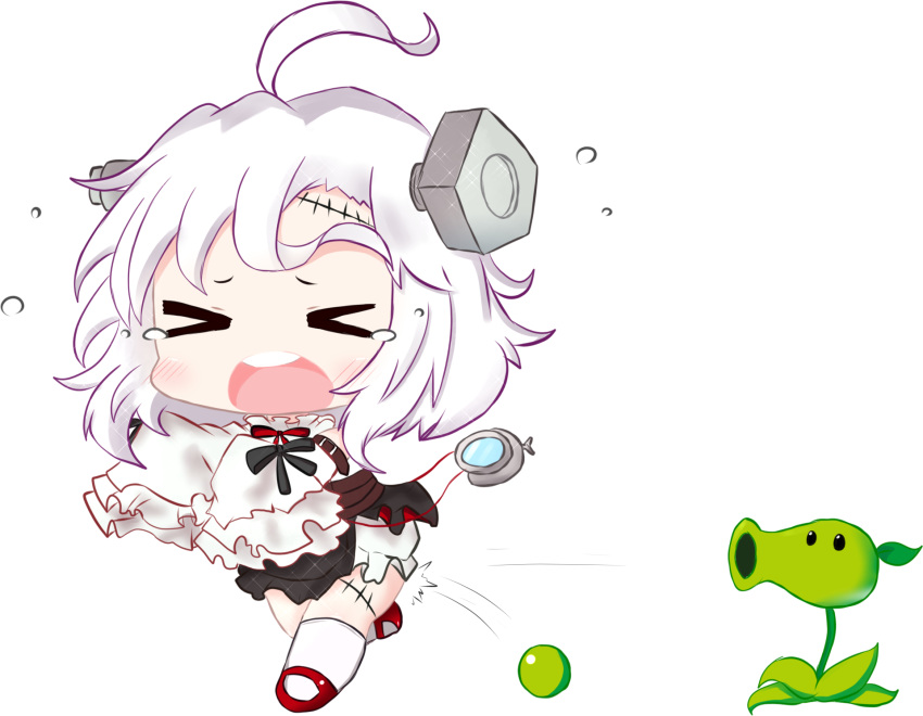 &gt;_&lt; 1girl ahoge azur_lane bailingxiao_jiu black_skirt bloomers blush bolt chibi closed_eyes crossover detached_sleeves fleeing high-waist_skirt highres kneehighs long_sleeves mary_janes open_mouth outstretched_arms peashooter_(pvz) plants_vs_zombies pleated_skirt red_footwear running shirt shoes skirt sleeves_past_fingers sleeves_past_wrists stitches tears terror_(azur_lane) underwear upper_teeth white_bloomers white_legwear white_shirt