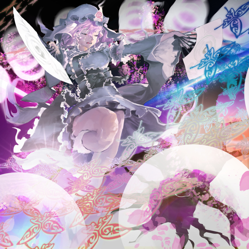 1girl bare_legs blue_hat blue_kimono butterfly closed_eyes commentary_request danmaku fan full_body hair_between_eyes hat highres holding japanese_clothes kimono long_sleeves mob_cap outstretched_arm pink_hair saigyouji_yuyuko solo tok touhou triangular_headpiece veil wide_sleeves