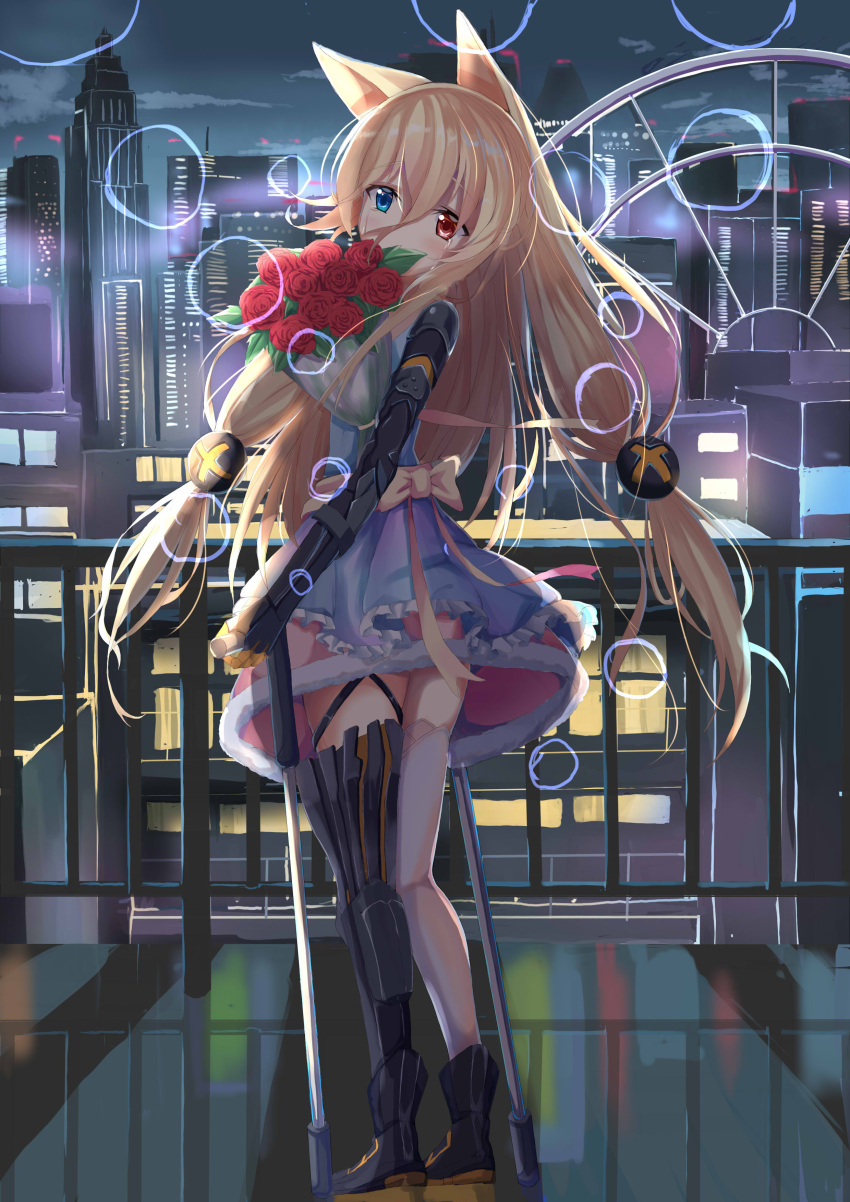 1girl absurdres alternate_costume animal_ears ankle_boots armor asymmetrical_legwear bangs blonde_hair blue_eyes blush boots bouquet bow breasts city_lights cityscape clouds commentary_request covered_mouth crutch crying dress eyebrows_visible_through_hair flower fox_ears from_behind full_body g41_(girls_frontline) girls_frontline hair_between_eyes hair_ornament heterochromia highres holding holding_walking_stick long_hair looking_at_viewer looking_back low-tied_long_hair low_twintails natsuki_(digretking) night night_sky open_mouth railing red_eyes ribbon rose sash sidelocks single_thighhigh sky small_breasts solo tears thigh-highs thigh_strap thighs twintails very_long_hair walking_stick white_legwear