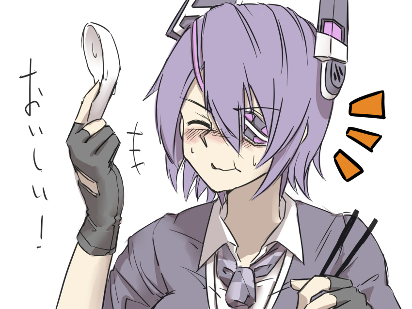 1girl :t black_gloves checkered_neckwear chopsticks closed_eyes eating eyepatch gloves headgear highres kantai_collection necktie partly_fingerless_gloves purple_hair school_uniform short_hair simple_background smile solo spoon sweat tadd_(tatd) tenryuu_(kantai_collection) translation_request white_background