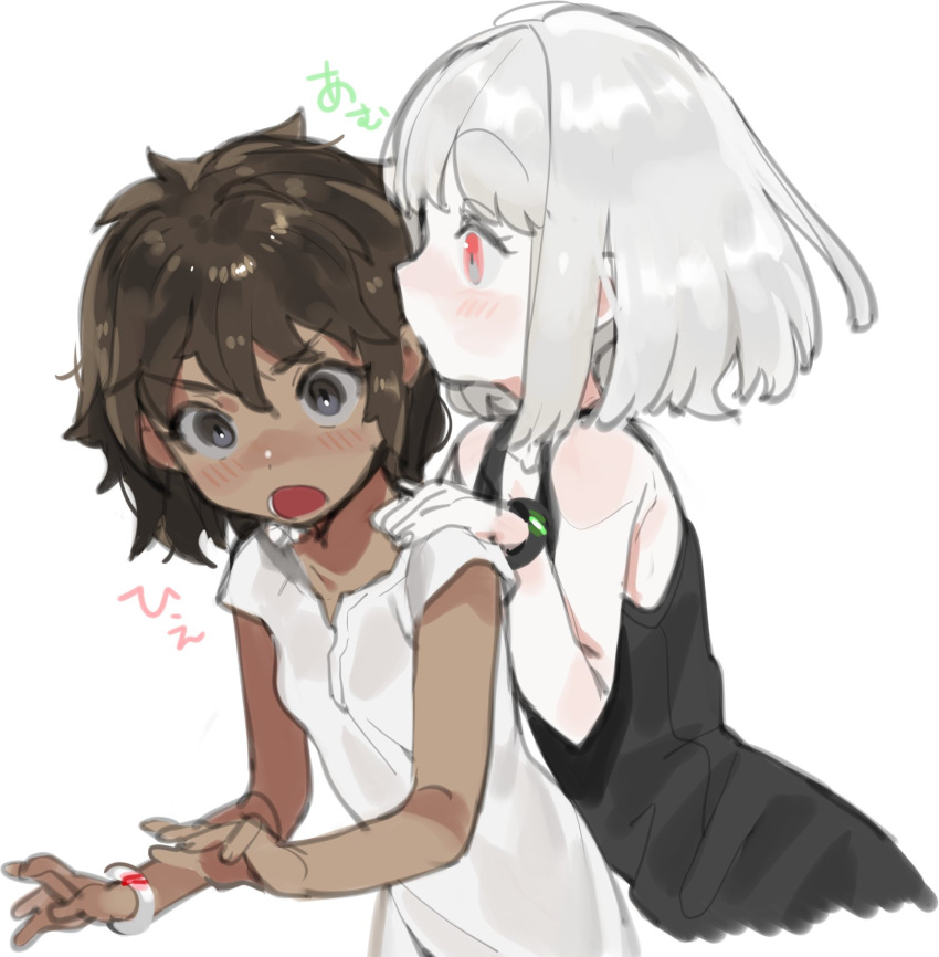 2girls :o albino bare_shoulders black_eyes black_shirt blush bracelet brown_hair commentary_request dark_skin ear_licking highres interracial jewelry licking looking_at_viewer multiple_girls ohisashiburi open_mouth original red_eyes shirt short_hair silver_hair simple_background sleeveless sleeveless_shirt translation_request white_background white_shirt wide-eyed yuri