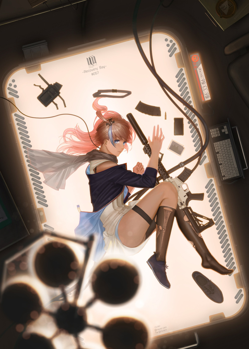 1girl absurdres ammunition_pouch ar-15 artist_name ass bangs belt black_gloves black_legwear blue_eyes blue_hair blue_panties buckle bullet cable clenched_hand closed_mouth dress eyebrows_visible_through_hair fingerless_gloves gameplay_mechanics girls_frontline gloves gun hair_between_eyes hair_ornament highres jacket keyboard kneehighs long_hair looking_at_viewer lying magazine_(weapon) magpul multicolored_hair oclet on_side one_side_up panties pink_hair repair_bay rifle scarf shell_casing shoe_removed side_ponytail sidelocks single_kneehigh single_thighhigh smile solo st_ar-15_(girls_frontline) streaked_hair thigh-highs thigh_strap thighs torn_legwear twitter_username underwear weapon zipper
