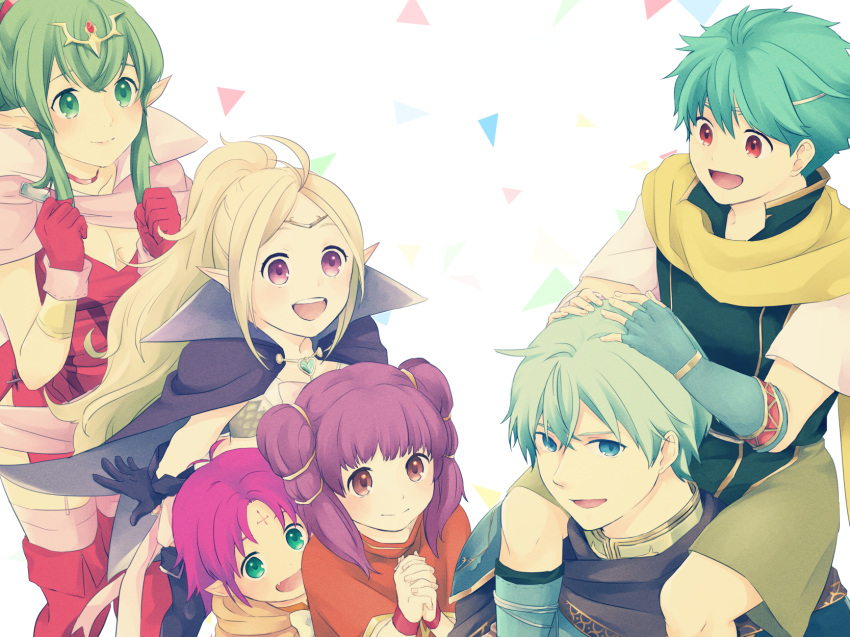 ahoge aqua_hair armor blue_eyes blue_hair blush boots breasts cape carrying chiki circlet ephraim fa facial_mark fire_emblem fire_emblem:_fuuin_no_tsurugi fire_emblem:_kakusei fire_emblem:_mystery_of_the_emblem fire_emblem:_seima_no_kouseki fire_emblem_heroes forehead_mark gloves green_eyes green_hair highres long_hair mamkute multiple_girls myrrh nils nishimura_(nianiamu) nowi_(fire_emblem) open_mouth piggyback pink_hair pointy_ears ponytail purple_hair short_hair smile violet_eyes weapon