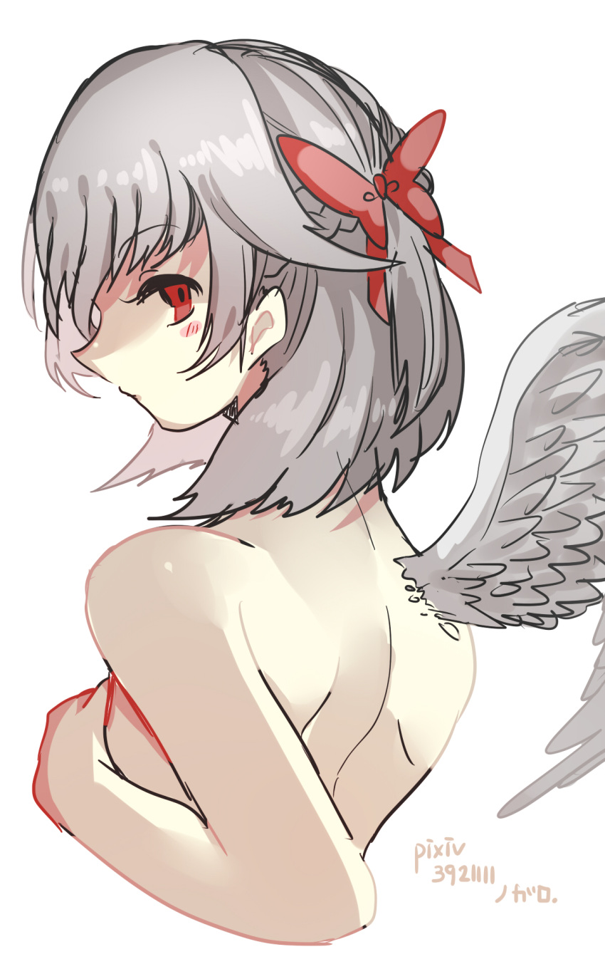 1girl artist_name asuku_(69-1-31) back bangs blush braid covering covering_breasts eyebrows eyebrows_visible_through_hair eyelashes feathered_wings feathers french_braid from_behind hair_ribbon highres kishin_sagume nude pixiv_id red_eyes red_ribbon ribbon short_hair silver_hair silver_wings simple_background single_braid single_wing solo touhou upper_body white_background wings