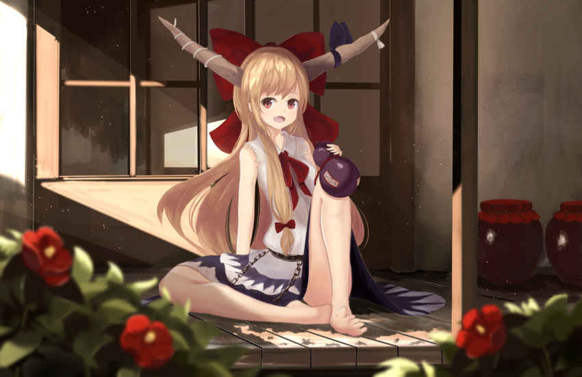 1girl bare_legs barefoot bow brown_hair day fang flower full_body gourd hair_bow horns ibuki_suika jar knee_up looking_at_viewer miniskirt open_mouth outdoors red_bow red_eyes shirt sitting skirt sleeveless sleeveless_shirt smile solo touhou white_shirt yukitourou