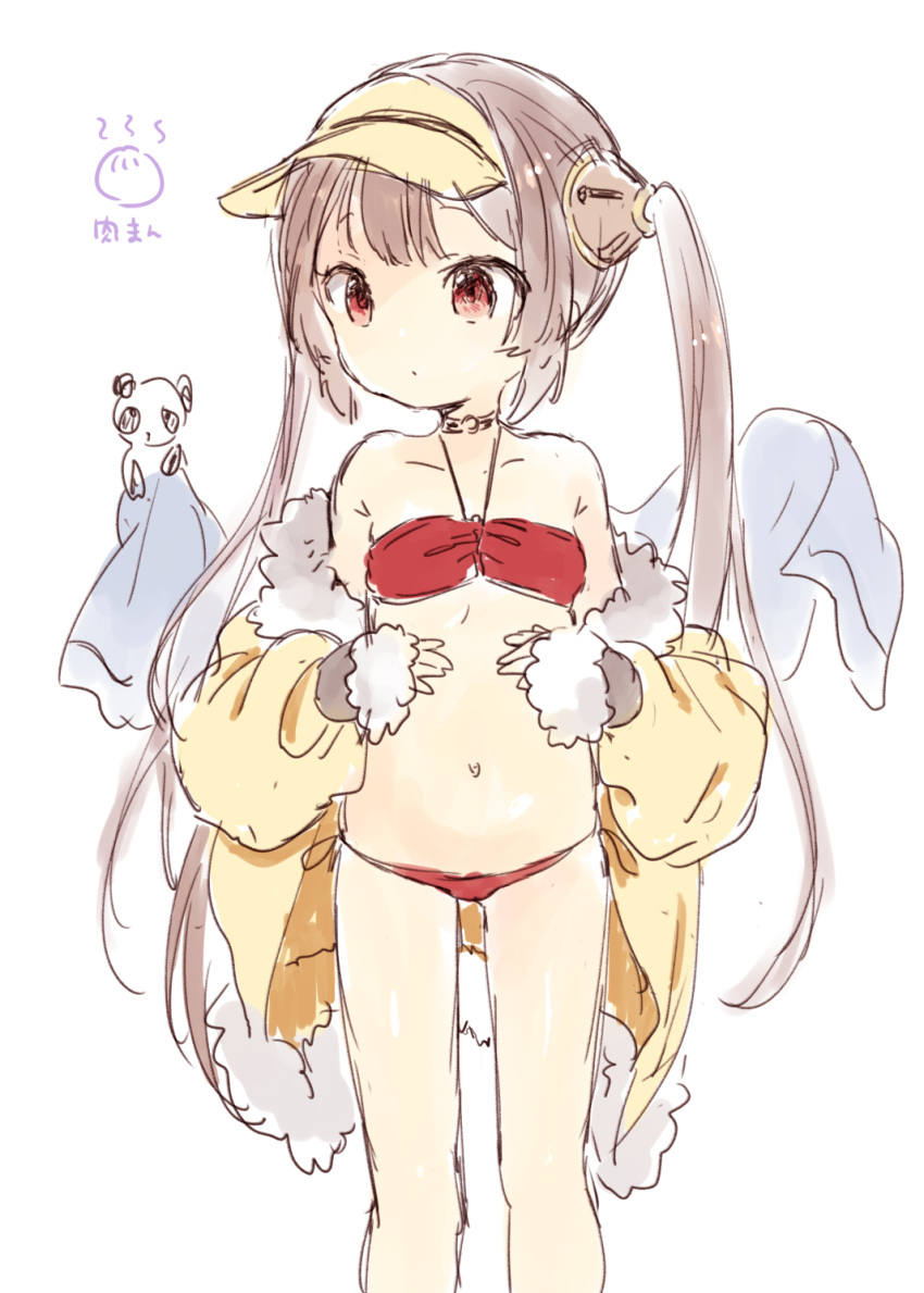 1girl animal azur_lane bandeau bangs bare_shoulders bikini blush brown_hair closed_mouth collarbone eyebrows_visible_through_hair fur-trimmed_jacket fur-trimmed_sleeves fur_trim hairpods halter_top halterneck highres jacket kona_(canaria) looking_away looking_to_the_side navel off_shoulder panda ping_hai_(azur_lane) red_bikini red_eyes simple_background sketch solo swimsuit translated twintails visor_cap white_background yellow_jacket