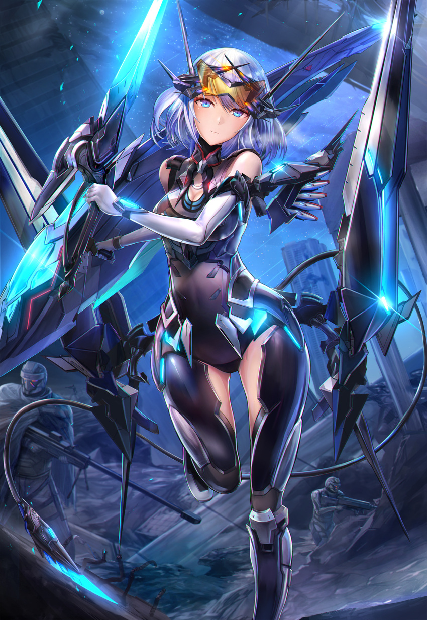 1girl blue_eyes blue_hair breasts cleavage cowboy_shot dutch_angle elbow_gloves gloves goggles goggles_on_head head_tilt headgear high_collar highres holding holding_weapon looking_at_viewer mecha_musume original running shield short_hair sixiv skin_tight soldier sword thighs weapon white_gloves