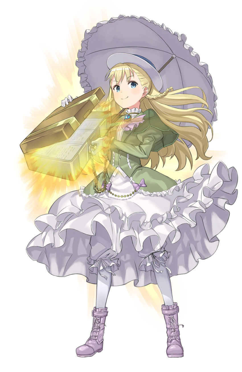 1girl blonde_hair bloomers blue_eyes braid briefcase chains cuffs dress full_body gloves green_dress handcuffs hat highres long_hair looking_at_viewer monica_golding official_art parasol princess_principal princess_principal_game_of_mission purple_footwear shoes smile solo standing umbrella underwear white_gloves white_hat white_legwear