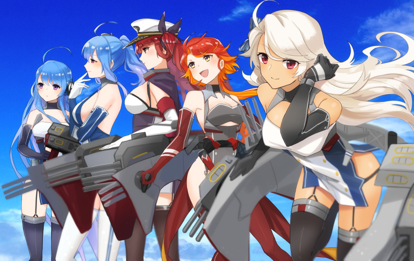 5girls ahoge azur_lane bare_shoulders black_gloves black_legwear black_ribbon blonde_hair blue_hair blue_sky breasts cannon character_request cleavage elbow_gloves gloves gradient_hair hair_ribbon hat highres large_breasts long_hair looking_at_viewer looking_to_the_side military_hat multicolored_hair multiple_girls orange_hair peaked_cap ponytail red_eyes red_gloves red_legwear ribbon sideboob sky thigh-highs turret twintails violet_eyes white_gloves white_legwear yamashiki_(orca_buteo) yellow_eyes