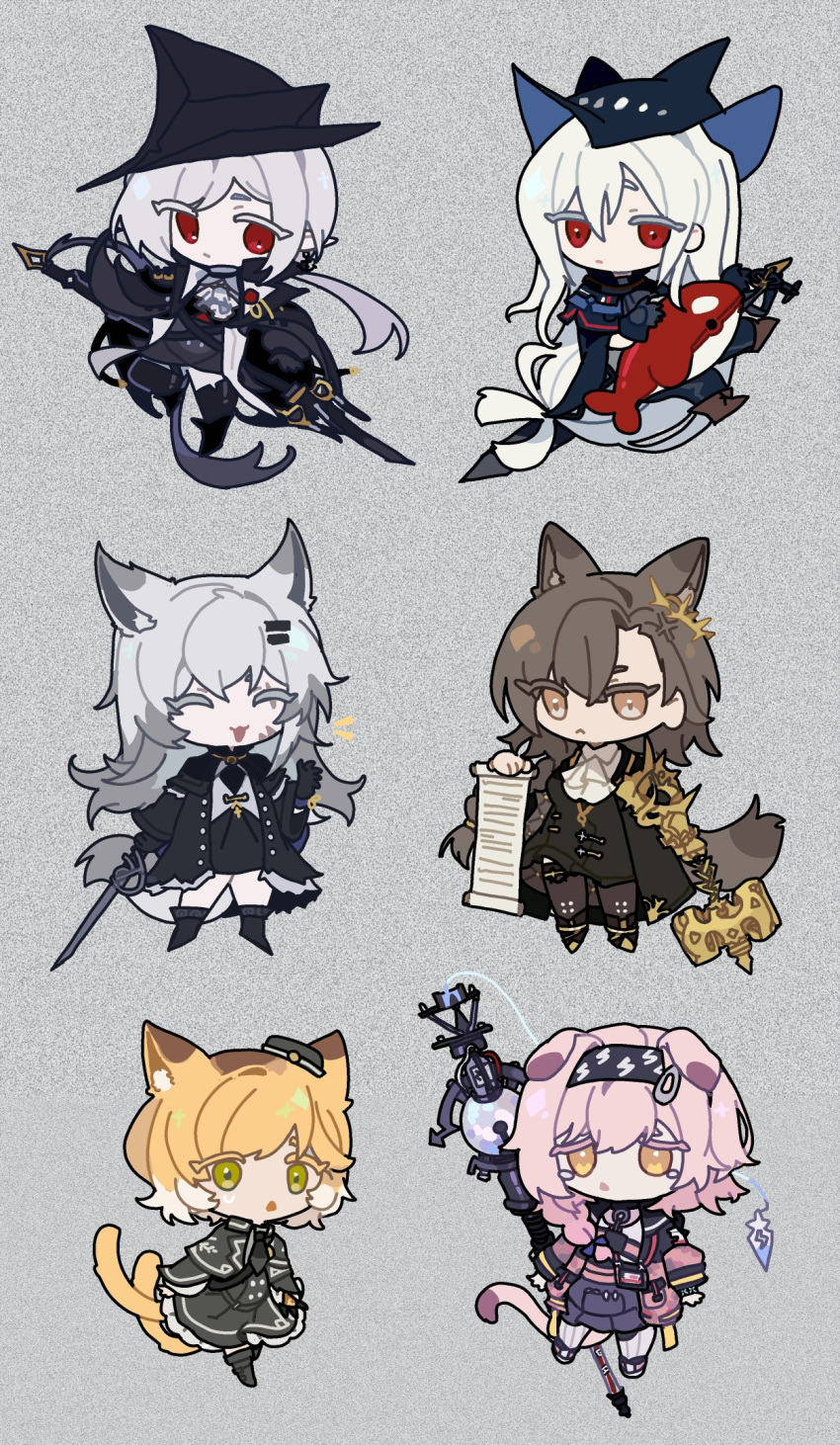 6+girls anger_vein animal_ear_fluff animal_ears arknights bangs black_cape black_dress black_footwear black_hairband black_headwear black_jacket black_necktie black_skirt black_thighhighs boots brown_eyes brown_hair cape cat_ears cat_girl cat_tail cheese_(chisi64726930) chibi colored_eyelashes commentary dress english_commentary gladiia_(arknights) goldenglow_(arknights) grey_background grey_hair hair_between_eyes hair_ornament hairband hairclip hat highres jacket lappland_(arknights) lappland_(refined_horrormare)_(arknights) lightning_bolt_print long_hair mini_hat mousse_(arknights) multiple_tails necktie orb pantyhose parted_lips penance_(arknights) pink_footwear pink_hair print_hairband red_eyes ribbed_legwear scar scar_across_eye shirt skadi_(arknights) skirt staff stuffed_animal stuffed_orca stuffed_toy tail tears thigh-highs thighhighs_under_boots tilted_headwear two_tails very_long_hair white_shirt